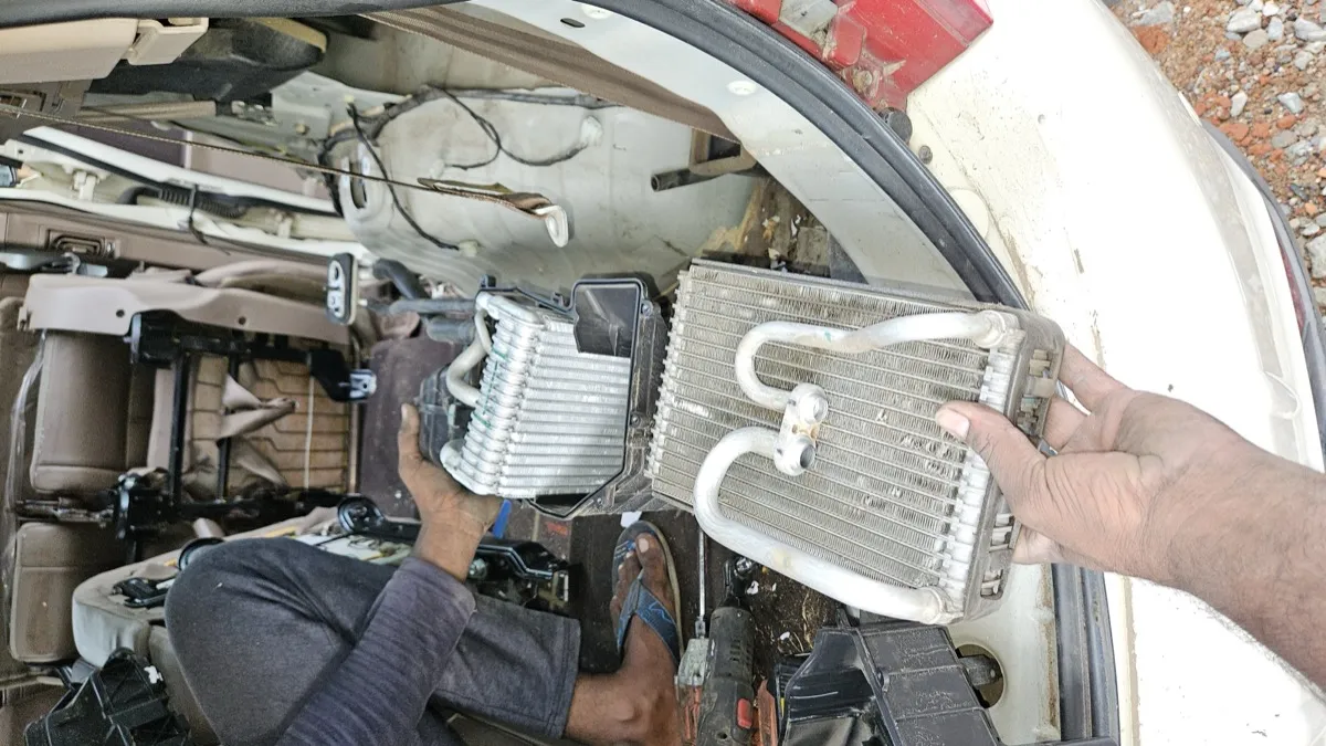 AC gas filling service in progress — R134a refrigerant recharge at GM Car AC Service, Chennai