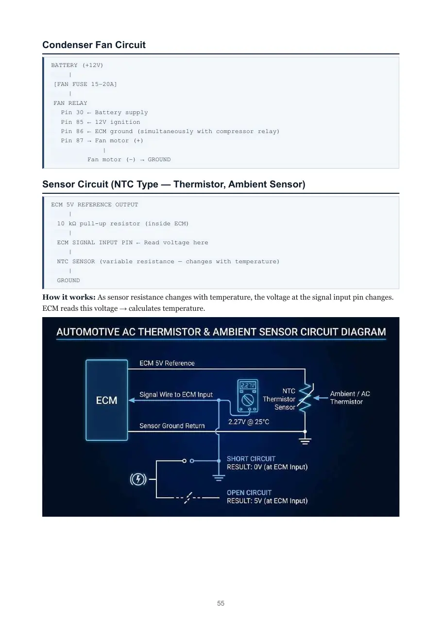 Manual page 55: the condenser fan relay circuit with pin numbers, the NTC thermistor sensor circuit, and a labelled circuit diagram showing the voltage at the ECM input for a short circuit and an open circuit.