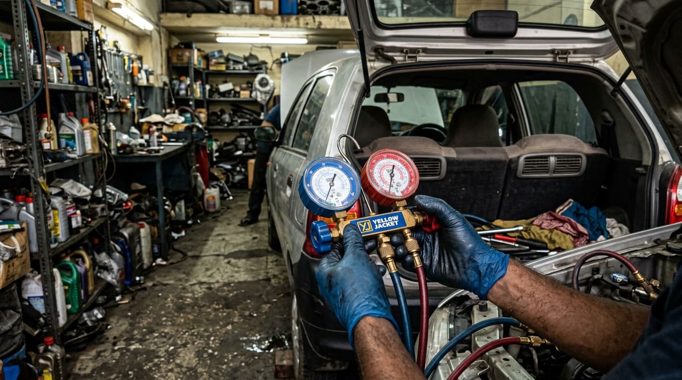 Gloved hands hold an A/C manifold gauge set connected to a car in a crowded workshop, with shelves of oil containers behind.