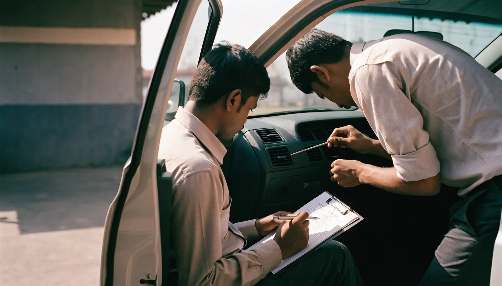 One technician works down a checklist on a clipboard while another checks a cabin vent temperature inside a car with its door open.