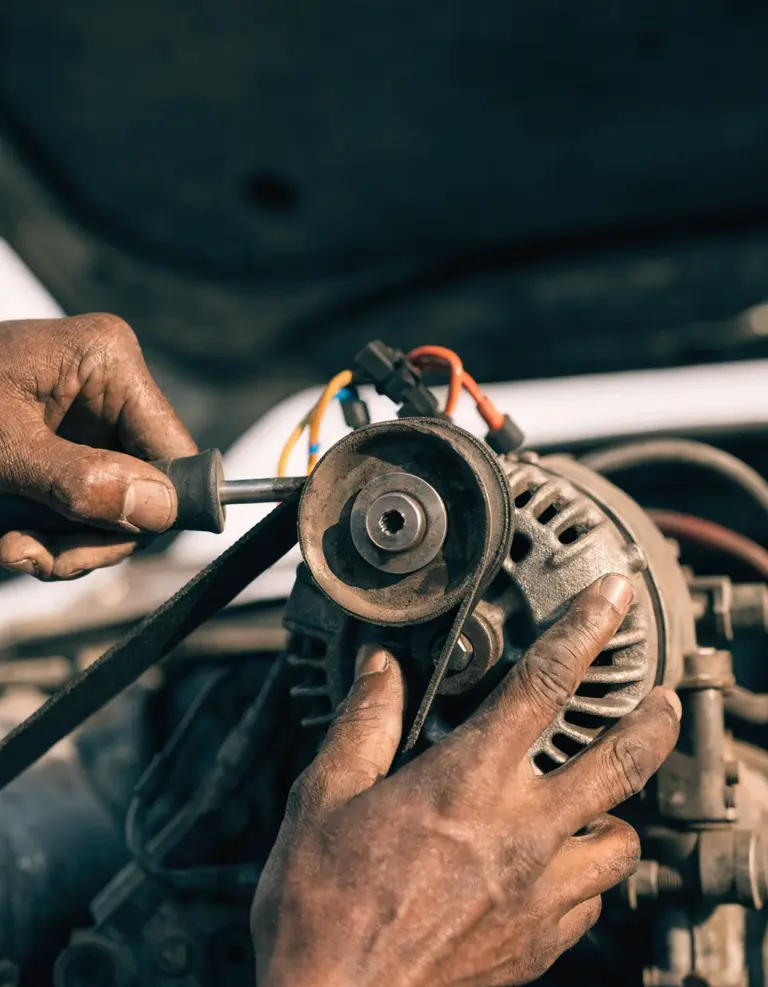 Hands checking the alternator drive belt tension on an engine, belt and pulley in focus.