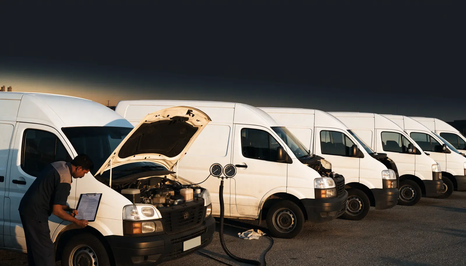 A row of plain white vans at a depot at dawn, a technician at the first van with the bonnet raised and A/C gauges connected.