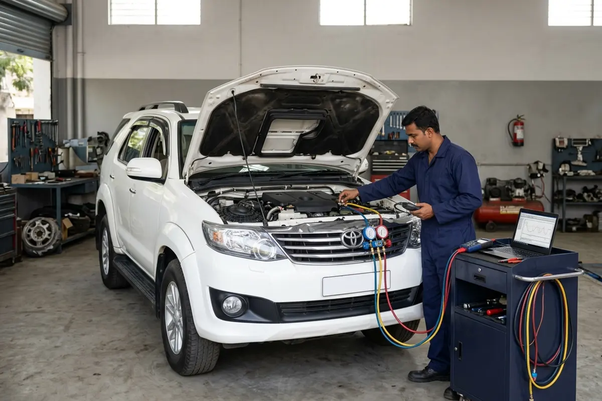 AI illustration of a white Toyota Fortuner SUV in a workshop service bay beside diagnostic tools.
