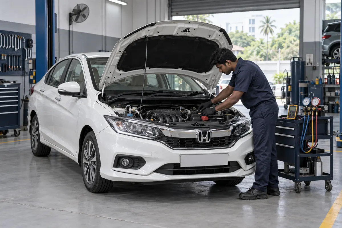 AI illustration of a white Honda City with its bonnet raised and a technician inspecting the engine bay.