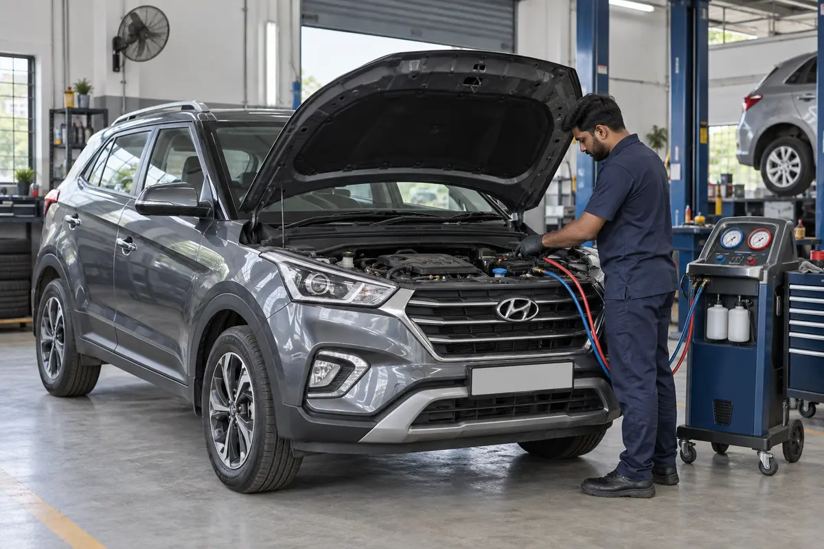 AI illustration of a grey Hyundai Creta beside a technician and A/C service equipment.