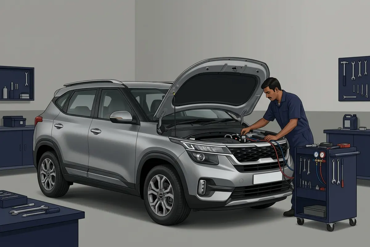 AI illustration of a silver Kia Seltos in a service bay with diagnostic equipment.