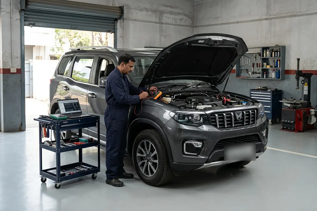 AI illustration of a dark grey Mahindra Scorpio-N in an independent service bay during diagnostic testing.