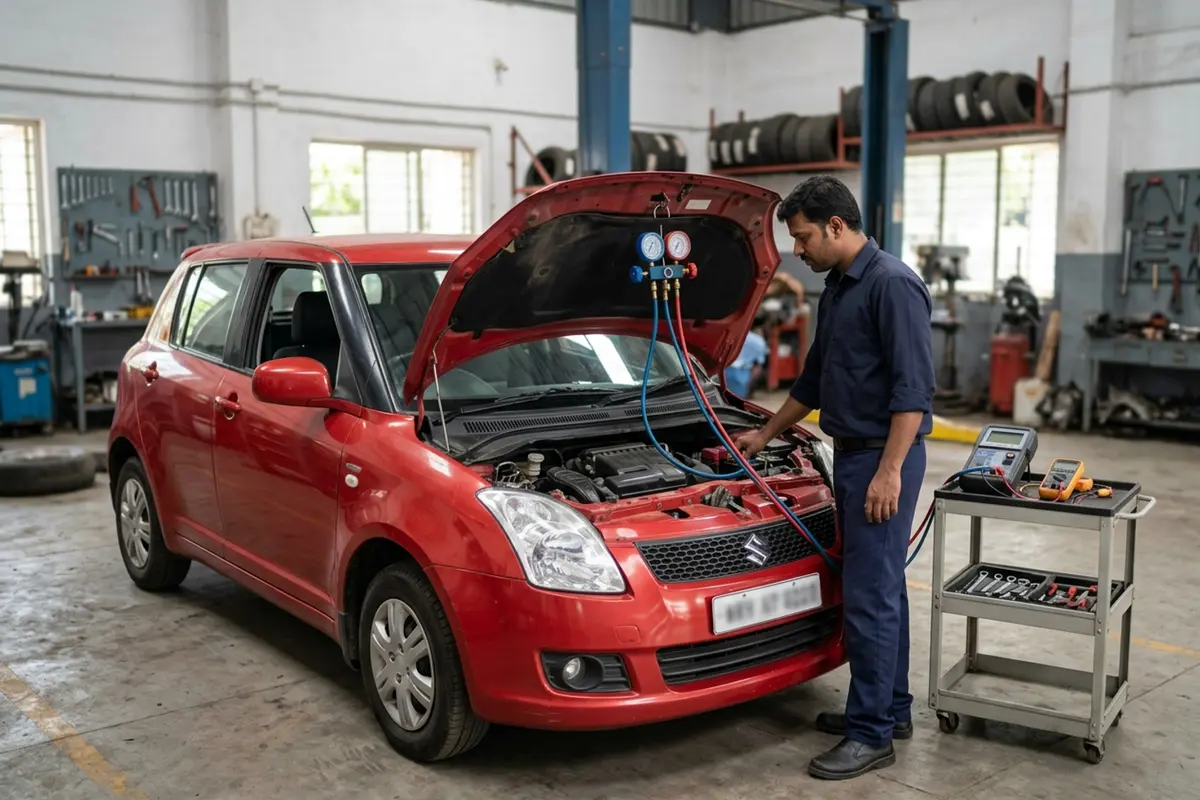 AI illustration of a red Maruti Suzuki Swift in a service bay with A/C manifold pressure gauges connected.