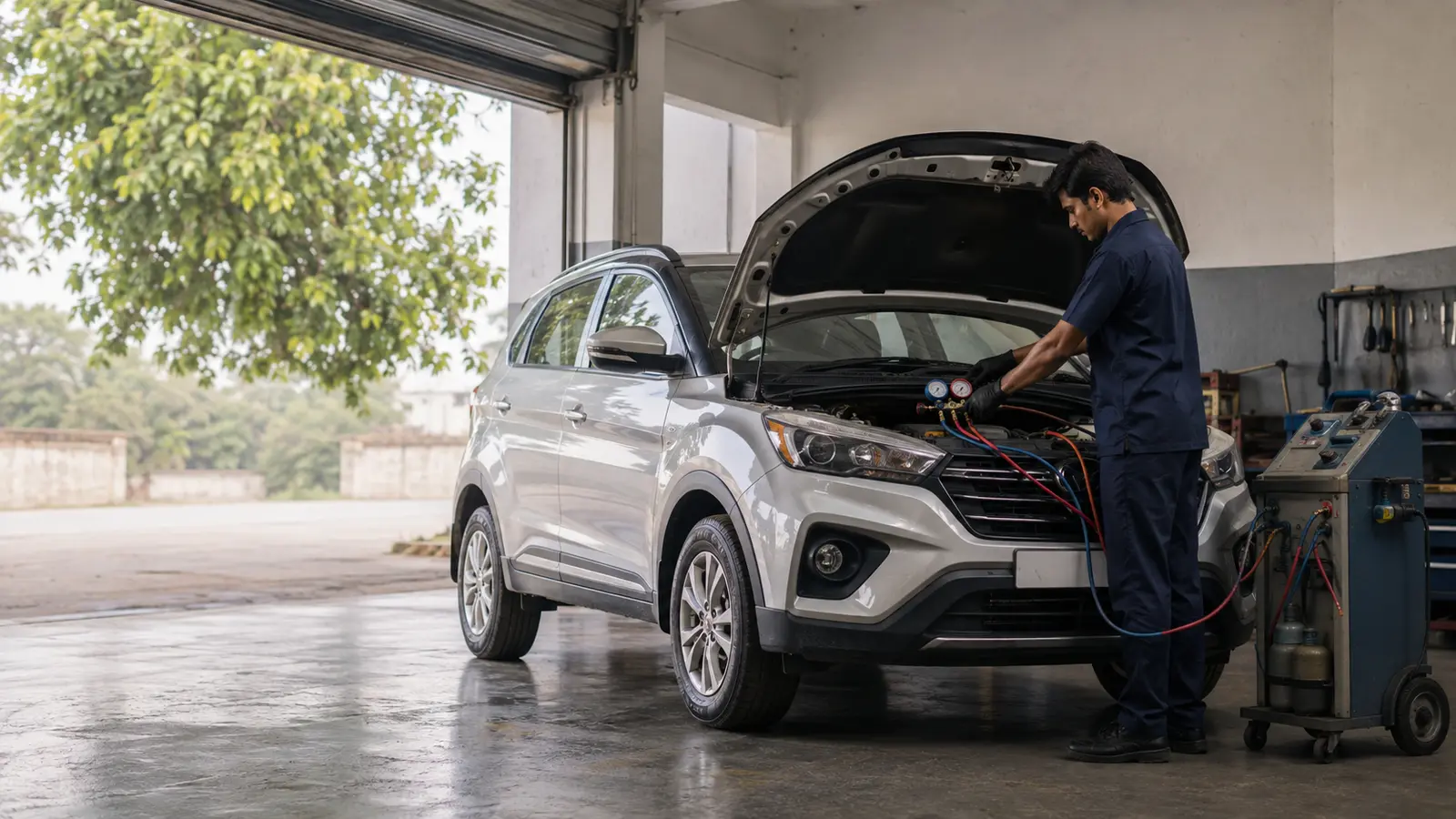 A technician connects air-conditioning manifold gauges to a recovery machine at the front of a car with its bonnet raised, inside an open-fronted workshop bay.