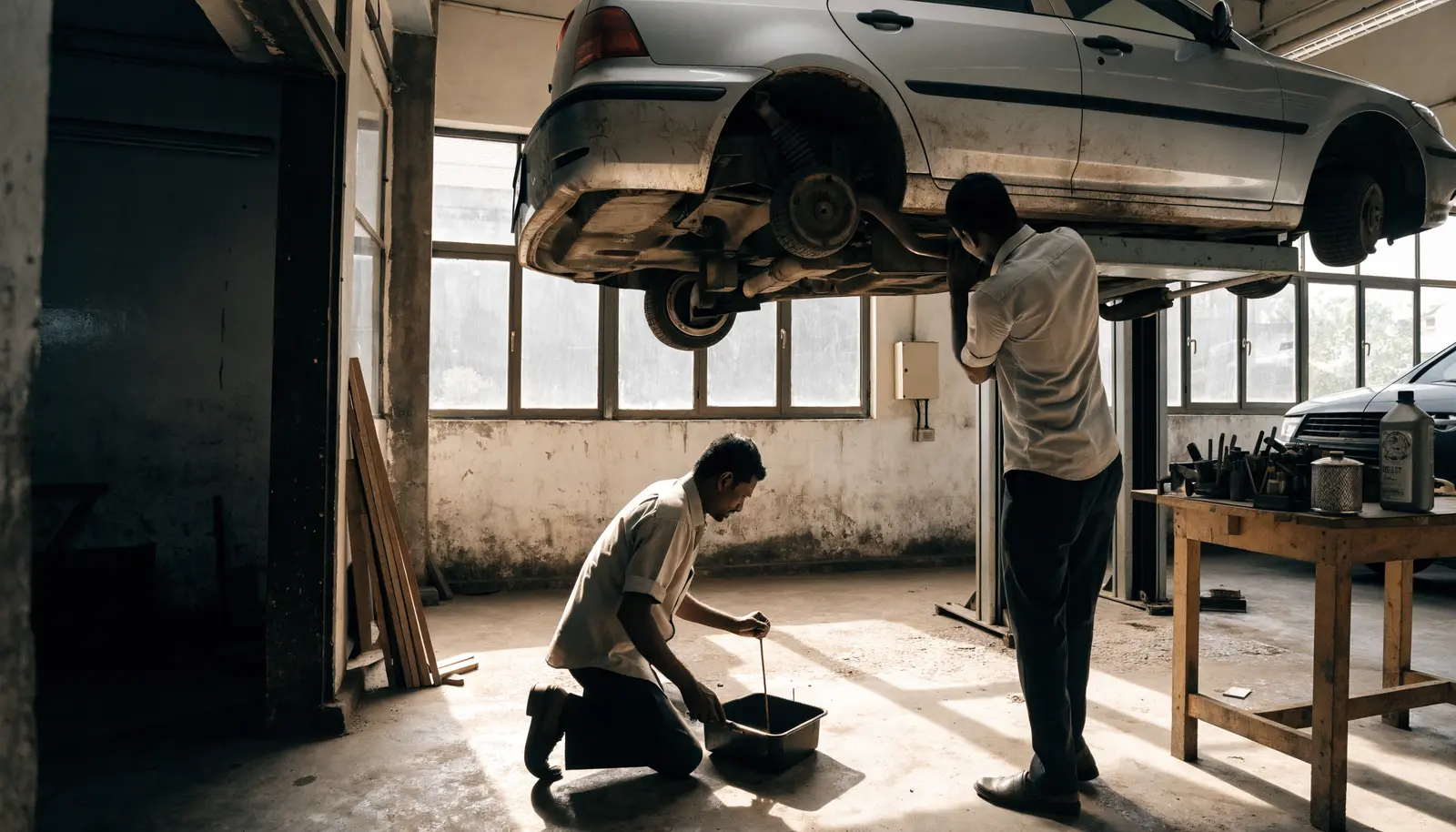 A sedan raised on a two-post lift in a workshop, one technician draining oil underneath and another checking under the open bonnet.