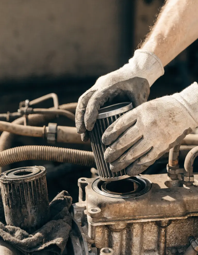 Gloved hands fitting a new spin-on oil filter to an engine, the used filter resting on a rag beside it.
