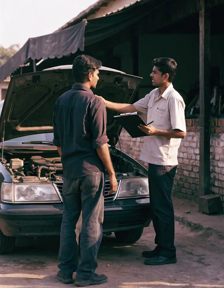 A technician holding a clipboard talks with a car owner beside an open bonnet.