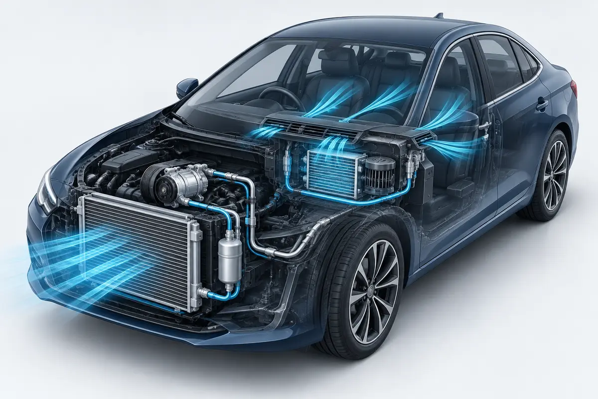 Conceptual cutaway illustration of a car air-conditioning system.