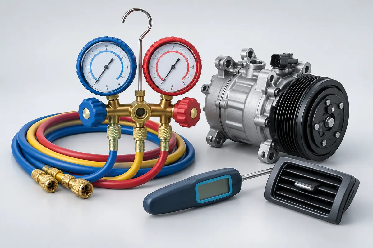 Illustration of AC diagnostic gauges, compressor and vent thermometer.