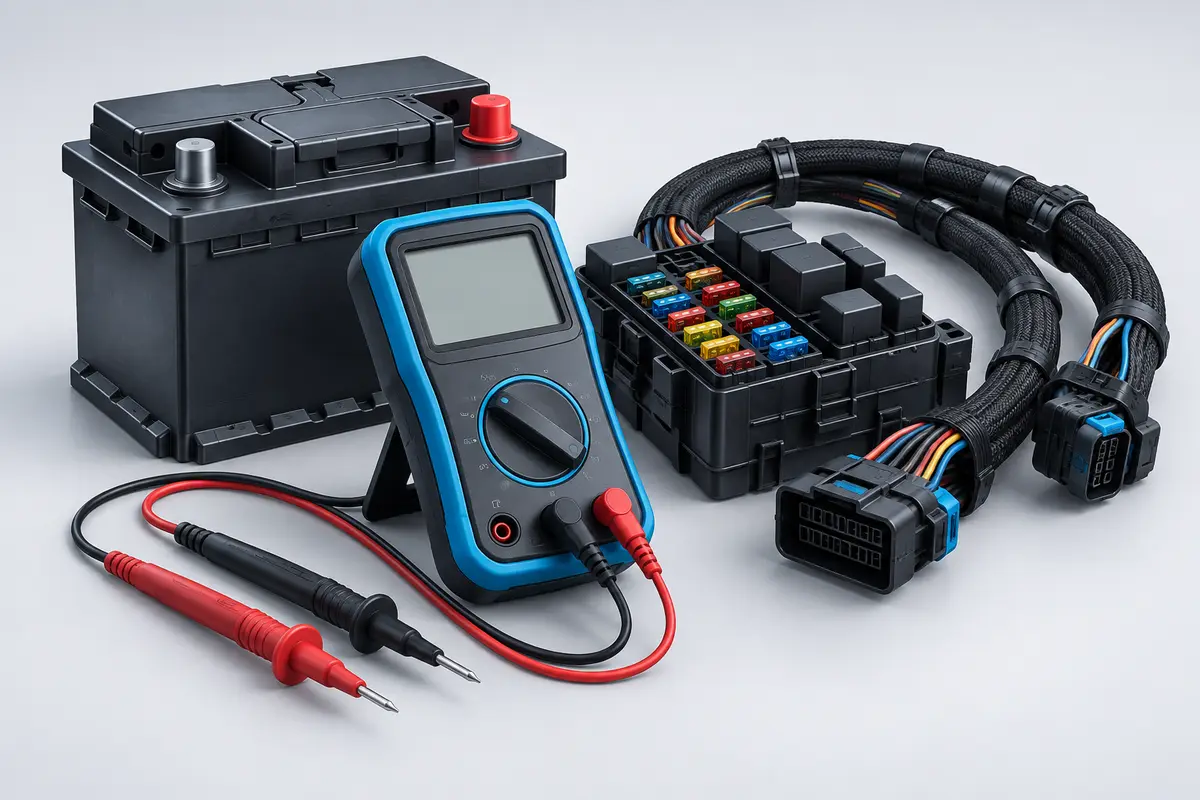 Illustration of a vehicle battery, multimeter, fuse box and wiring.