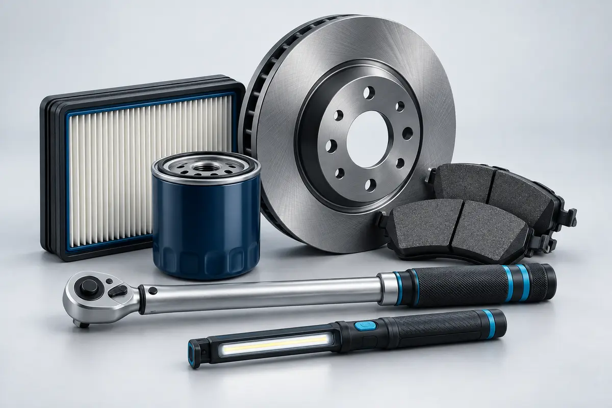 Illustration of filters, brake components and car servicing tools.