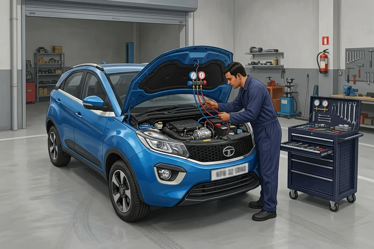 AI illustration of a blue Tata Nexon with its bonnet raised in a workshop during A/C inspection.