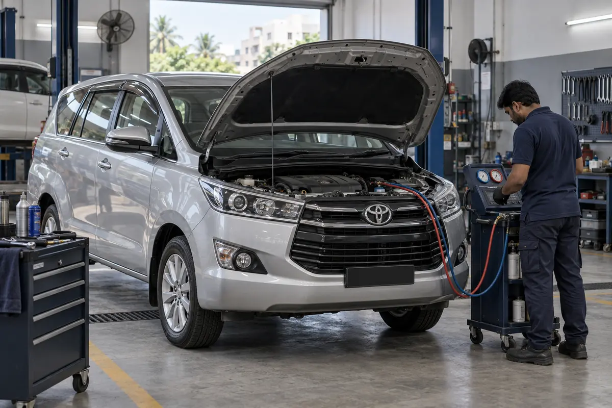 AI illustration of a silver Toyota Innova Crysta with its bonnet raised beside a technician and A/C diagnostic equipment.