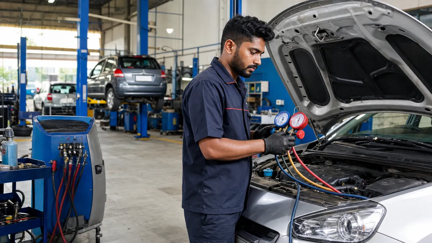 A technician in dark workwear reads A/C manifold gauges connected to a car's engine bay, with other cars on lifts behind.
