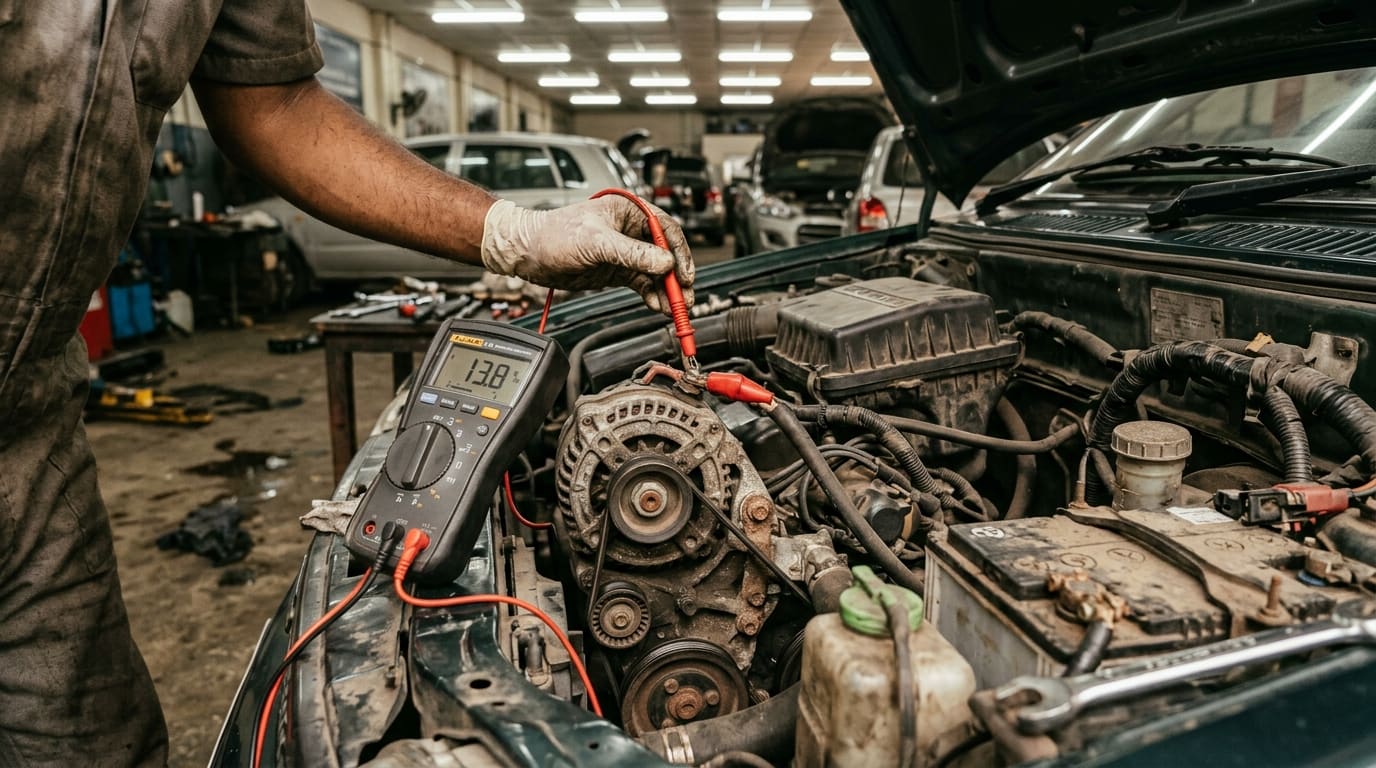 A gloved hand holds a multimeter beside an engine's alternator and battery.